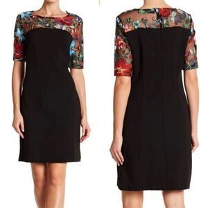 Nina Leonard Embroidered Lace Yoke Black Sheath Dress Sz‎ M New